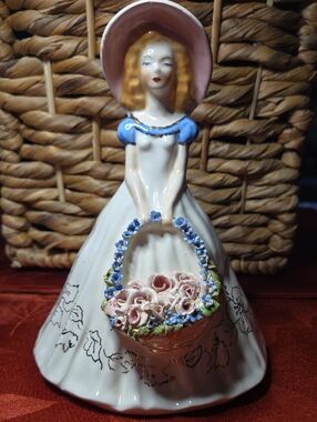 Vintage Porcelain Lady Figurine with Pink Hat Basket With Pink And Blue Flowers
